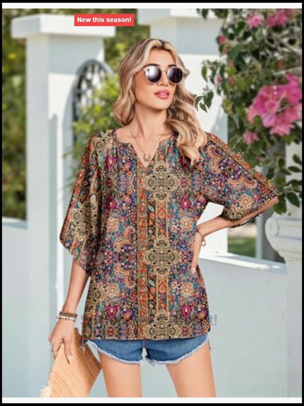 3/4 Sleeve V Neck Bohemian Blouses Casual Loose Fit Tunic Boho Shirt Floral - Picture 3 of 7